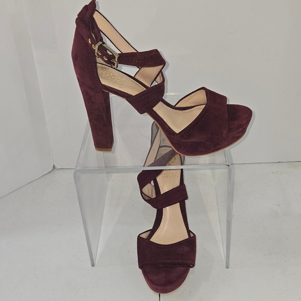 Vince Camuto Womens Burgundy Suede Platform Block Heel Strappy Sandals Size 8.5